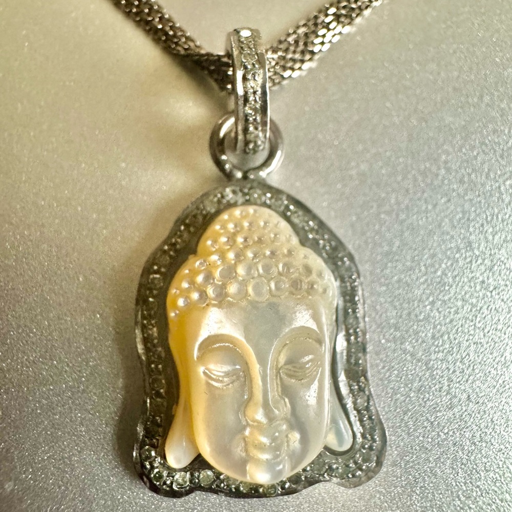 18K Rhodium Gold Buddha Head Pendant Necklace with Black Diamonds